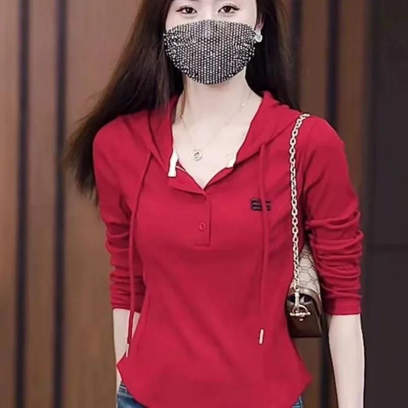

Women s Sports Casual Hooded Sweatshirt Top Autumn Thin Solid Color Versatile Long-sleeved T-shirt For M красный