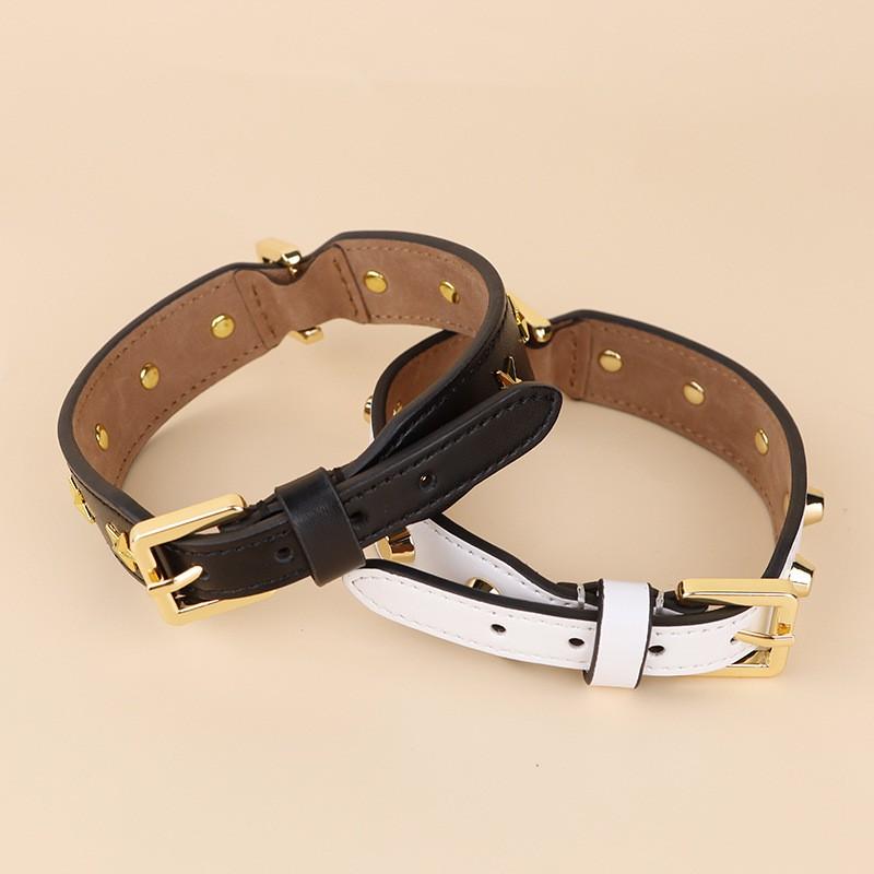 Premium Leather Dog Collar Adjustable Double-Sided Full-Grain Cowhide With Star Rivet Decor Small To Medium Dogs