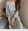 2024 Floral Chiffon V-Neck Dress: High-Waisted, Long-Sleeve, Waist-Cinching Korean Style for Spring and Autumn
