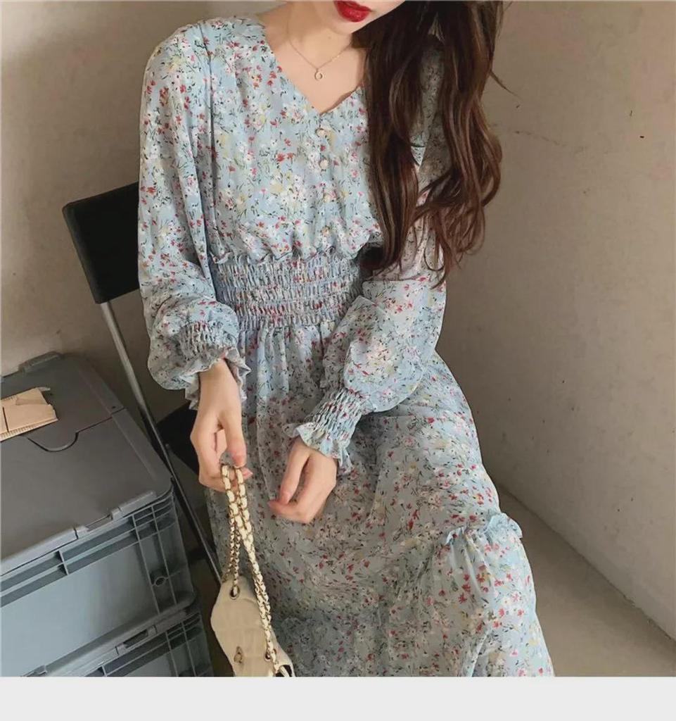 2024 Floral Chiffon V-Neck Dress: High-Waisted, Long-Sleeve, Waist-Cinching Korean Style for Spring and Autumn