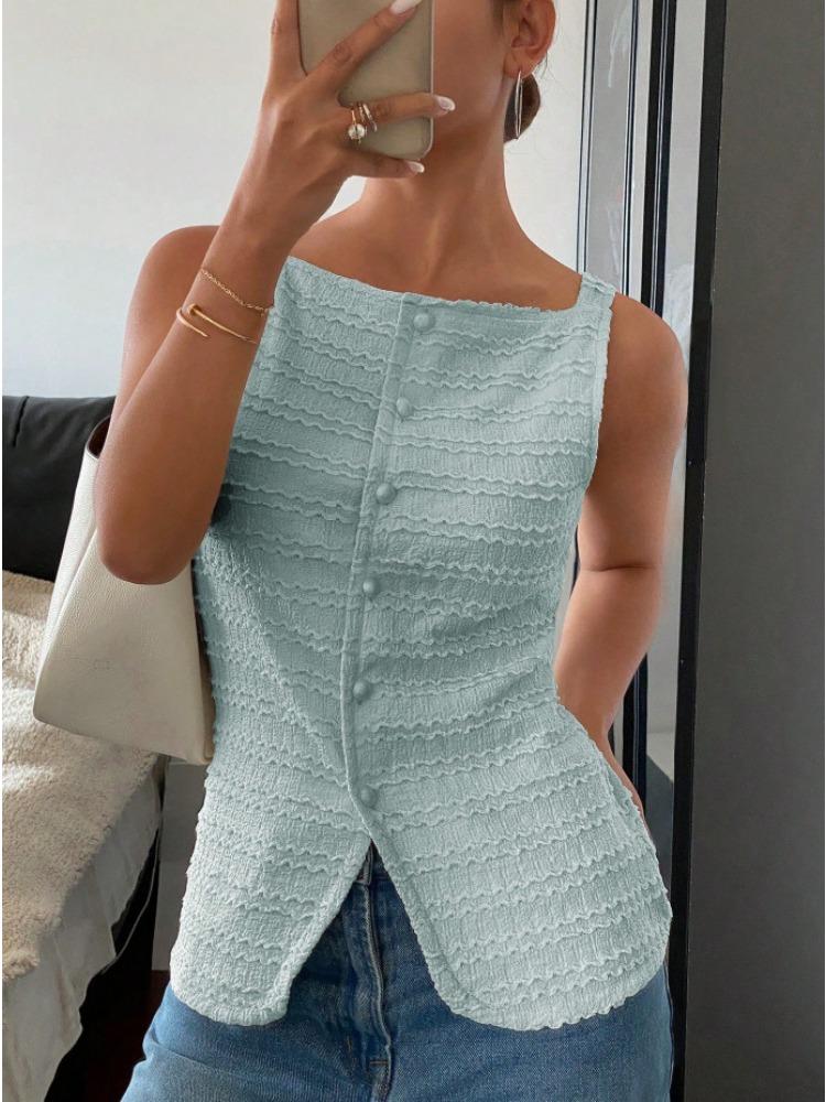 

Women s Sleeveless Top with Ruffle Texture and Button Front in Multiple Colors XXL світло-синій колір
