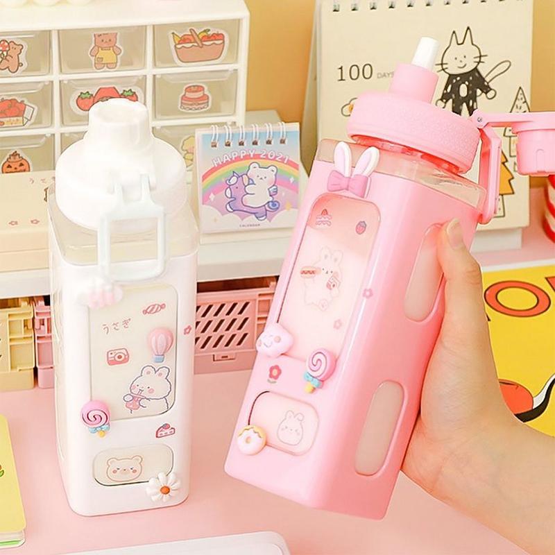 Kawaii Pastel Straw Bottle New Transparent Square Cute Water Bottles Large Capacity Travel Outdoor Sport Cycling Bottle BPA Free