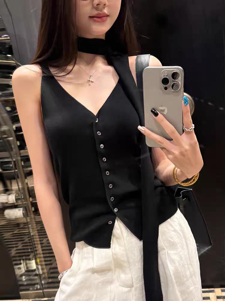 

Желтый трикотажный топ-комбинезон с V-образным вырезом для женщин - облегающий летний дизайн One Size чёрный