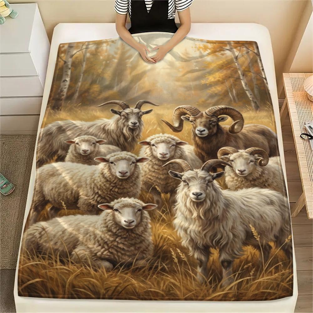 1PC Sheep Print FlAannel Blanket, High quality Comfortable for All Seasons, Home Decor, Warmth and Comfort