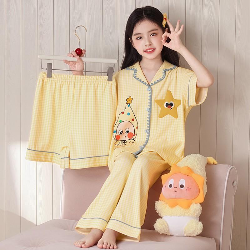Kids Cotton Pajama Set Short Sleeve Long Pants Cartoon Print Sleepwear Girls Boys Comfortable Home Wear
