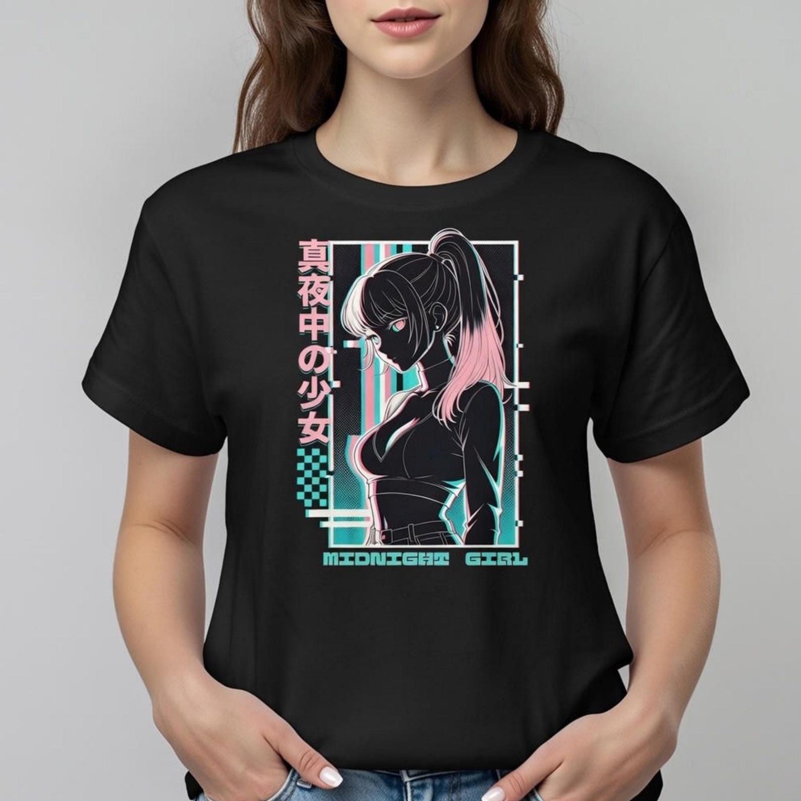 Midnight Girl Neon Anime Tee | Vaporwave Cyberpunk T-Shirt | Glitch Art Streetwear S