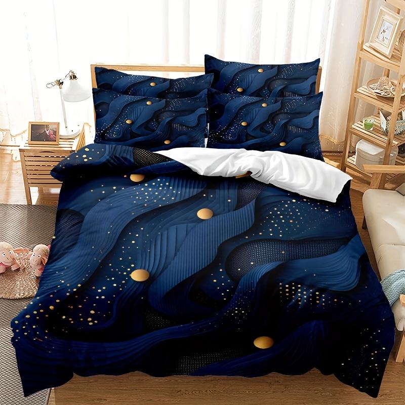 3Pcs Duvet Cover Set, Includes 1 Duvet Cover And 2 Pillowcases, No Insert, Ultra-Soft Comfortable, Navy Blue Golden Abstract