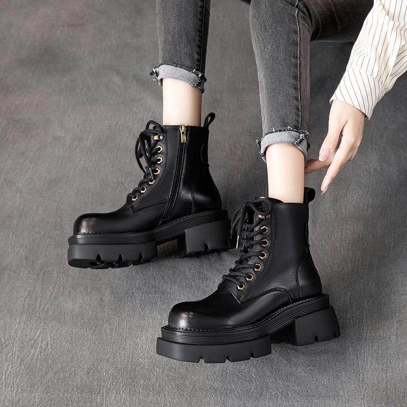 The First Layer of Cowhide Martin Boots for Women In the Autumn and Winter of 2025, the New Retro Lace-up Leather Platform Muffin Shoes for Women Wi