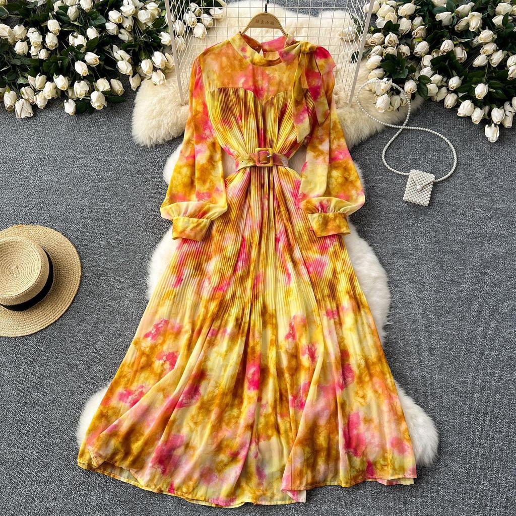 French Vintage Print Chiffon Dress Women Bow Lace-up Lantern Sleeve Elegant Loose Casual Evening Holiday Dresses