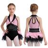 Kids Stage Performance Costume Turn-Down Collar Sleeveless Sheer Mesh Keyhole Back Sequins Leotard