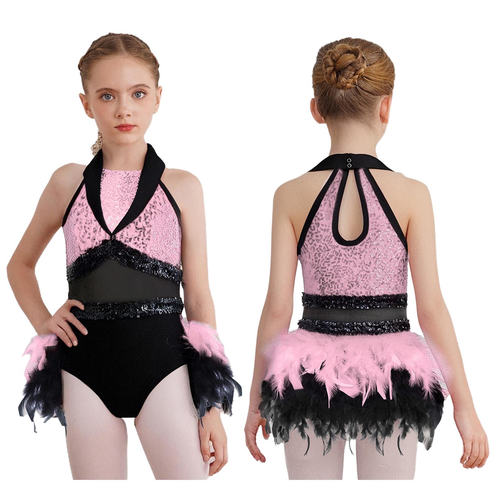 

Girls Jazz Dance Leotard Turn-Down Collar Sleeveless Sheer Mesh Keyhole Back Shiny Sequins Feather 5-6 Years розовый
