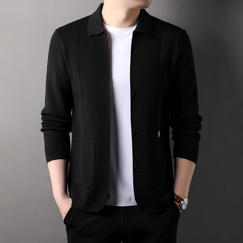 Autumn Winter Men Sweater Coat Lapel Solid Pockets Button Korean Fashion Casual Office Loose Long Sleeve Cardigan Knitted Tops