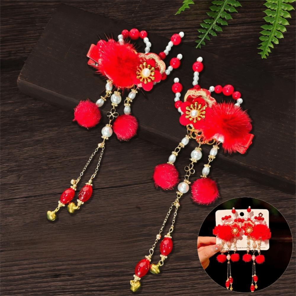 1 Pair Flower Hanfu Red Hair Clips Pearl Bow Tassel Hairpin New Year Headwear  Children