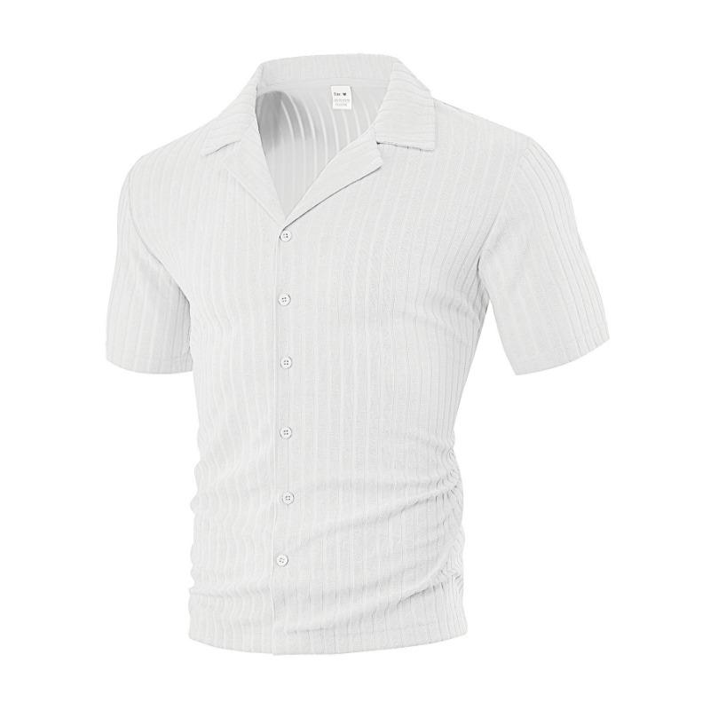 Mens Cuban Collar Vertical Striped Short Sleeve Button Up Shirt S белый