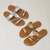 Sommer Neuer Stil Damenmode Gold Silber Lackleder Flache Sandalen Strasssteine Schmaler Riemen Strand Hausschuhe