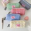 1pcs Quilted Heart Grid Pencil Pouch Korean Style Student Stationery Bag Portable Holder Storage Pouch Girls Bowknot Plaid