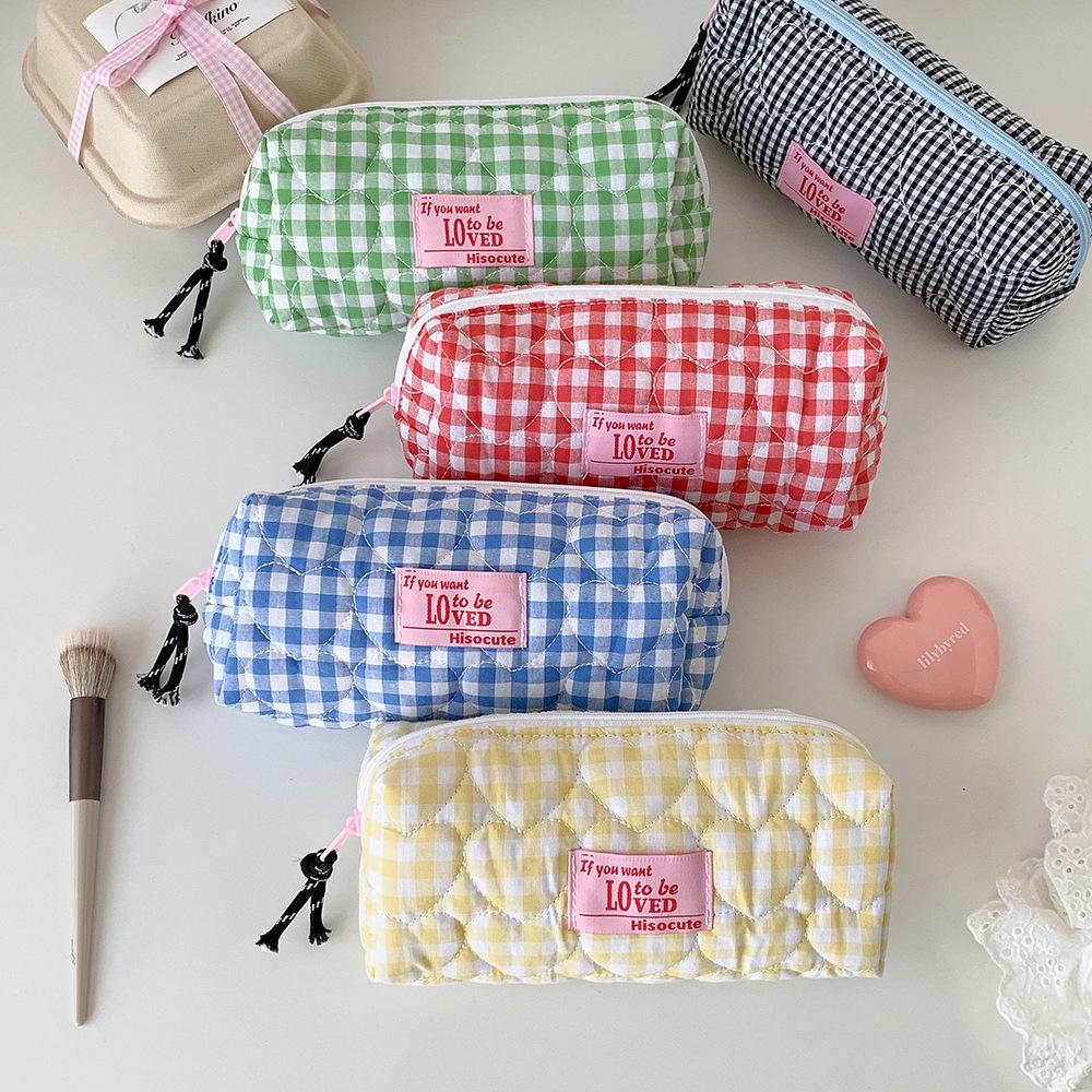 1pcs Quilted Heart Grid Pencil Pouch Korean Style Student Stationery Bag Portable Holder Storage Pouch Girls Bowknot Plaid