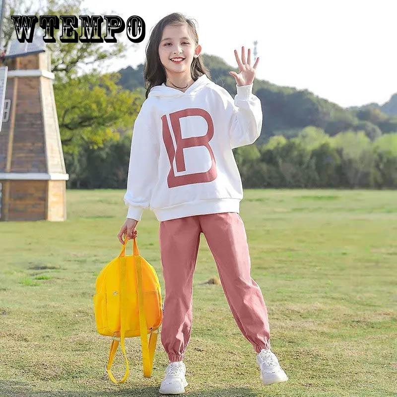 

Спортивный комплект для девочек, весенне-осенний пуловер с капюшоном, свитер с длинными рукавами, свободные брюки с буквенным принтом, повседневный комплект из двух предметов