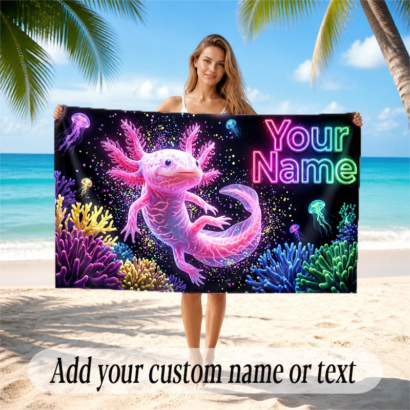 Axolotl Theme Quick Dry Beach Towel Custom Name Text Print Large Sand Resistant Towel Beach Vacation