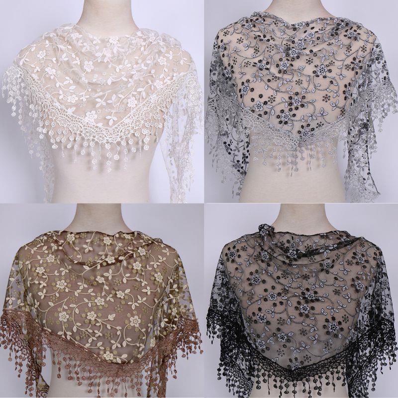 Tassel Shawls Female Scarf Solid Color Embroidered Lace Veil Floral Head Covering Veils Women Triangle Scarf 150*40cm