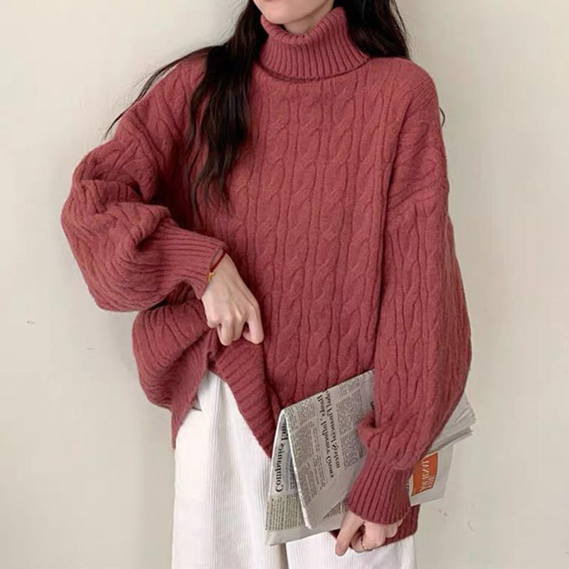 Autumn and Winter New Simple Casual Turtleneck Pullover Women's Loose Lazy Twist Knitted Sweater Jacket