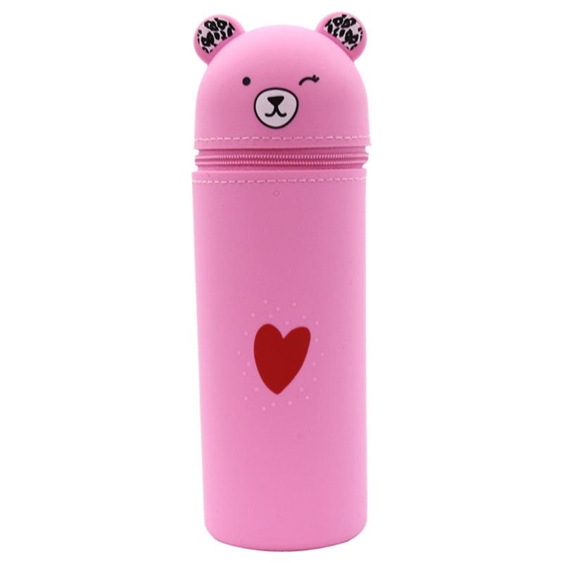 Cartoon Bear Pen Bag Large Compartment Zippered Silicone Pencil Case Standing Up Pen Holder Pencil Bag Gift for Student