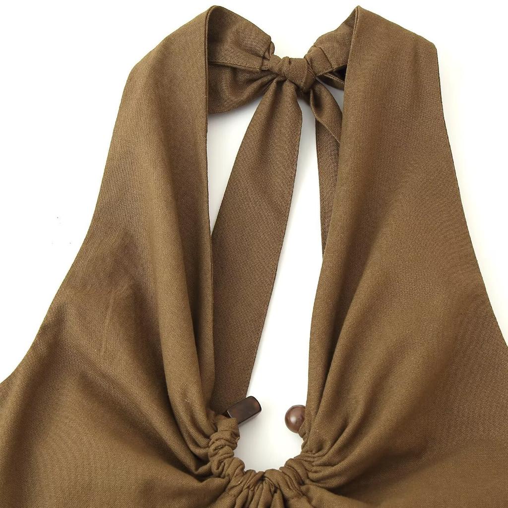 Women's new European and American style fashion linen blend buckle decoration neck Midi dress