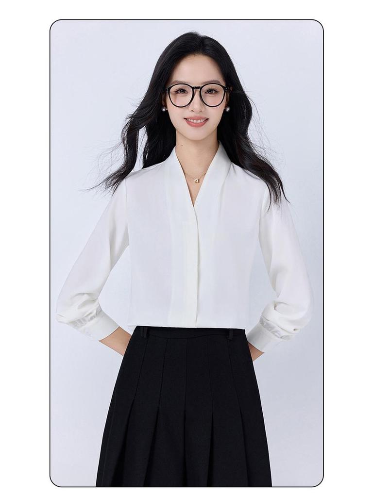 Black V-Neck Long Sleeve Women's Shirt - Petite Professional Interview Wear for Spring and Autumn