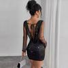 European and American Women's Sexy Backless Sequins Perspective Long-sleeved Slim-fitting Short Skirts, Dress Temperament