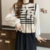 Sweet Design Splicing Striped Sweater Knitted Sweater Autumn Niche Three-dimensional Flower Color Matching Pullover