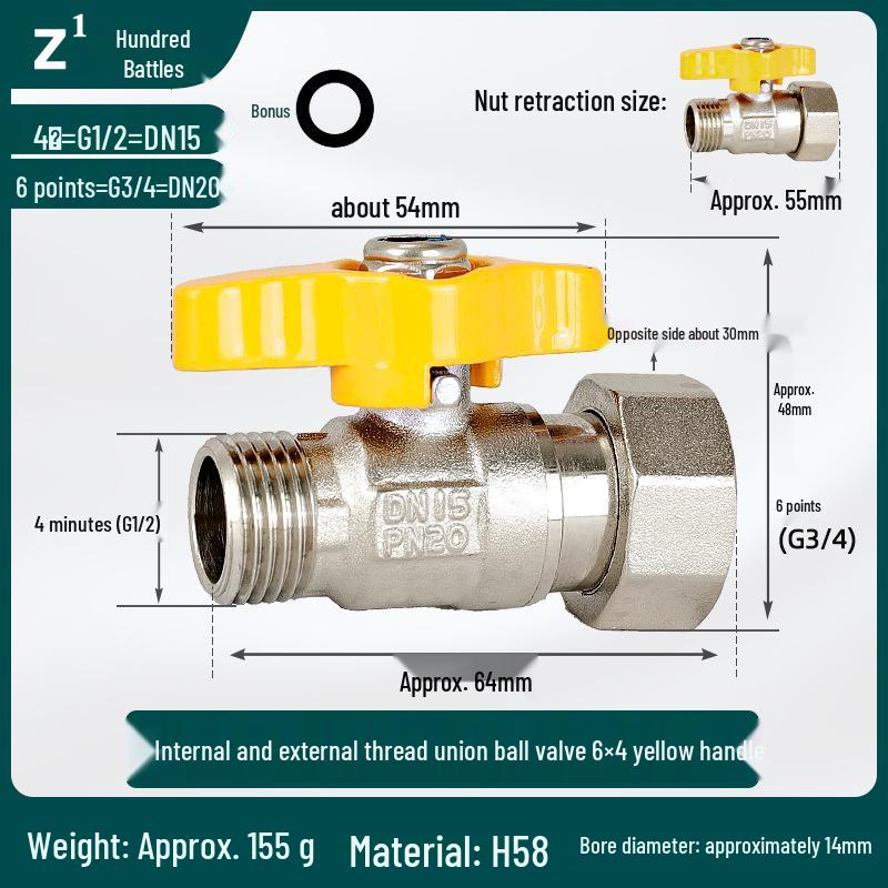 All-Copper Wall-Mounted Boiler Valve: 4- to 6-Point Reducing Ball Valve with Inner and Outer Thread, Large Diameter Switch
