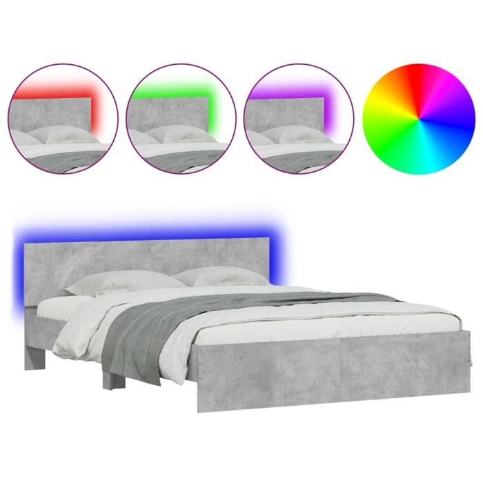 VidaXL Cadre de Lit avec Tête de Lit et LED, Lit Double avec Sommier à Lattes, Lit Adulte, Meuble de Chambre, Moderne, Gris 3207598