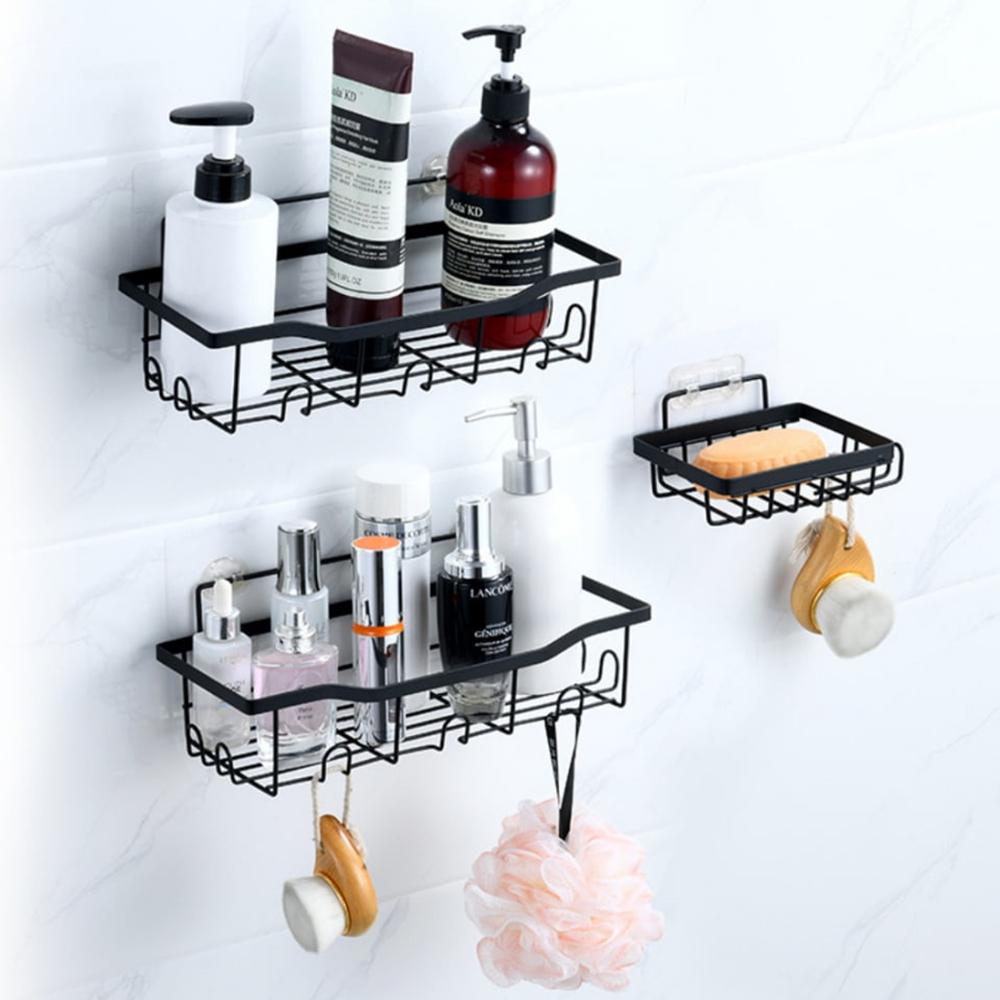 2Pcs/Set 6-Hook Punch-Free Carbon Steel Storage Basket Bathroom Draining Organization Rack