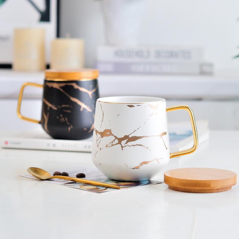 Nordic Marble Ceramic Coffee Mug Set With Lid Spoon Saucer Creative Couple Cup for Home Office Breakfast Afternoon Tea Gift