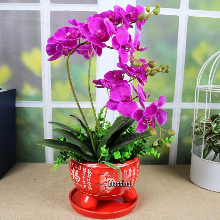Phalaenopsis Silk Flower Arrangement in Red Ceramic Pot for Indoor Decoration or Weddings