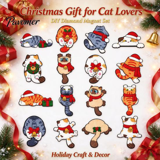 Cute Animal Fridge Decors Christmas Cat Rhinestone Magnets DIY Kit, Make 16Pcs Kitty Magnet Craft Kit Refrigerator Magnets, Faux Diamond for