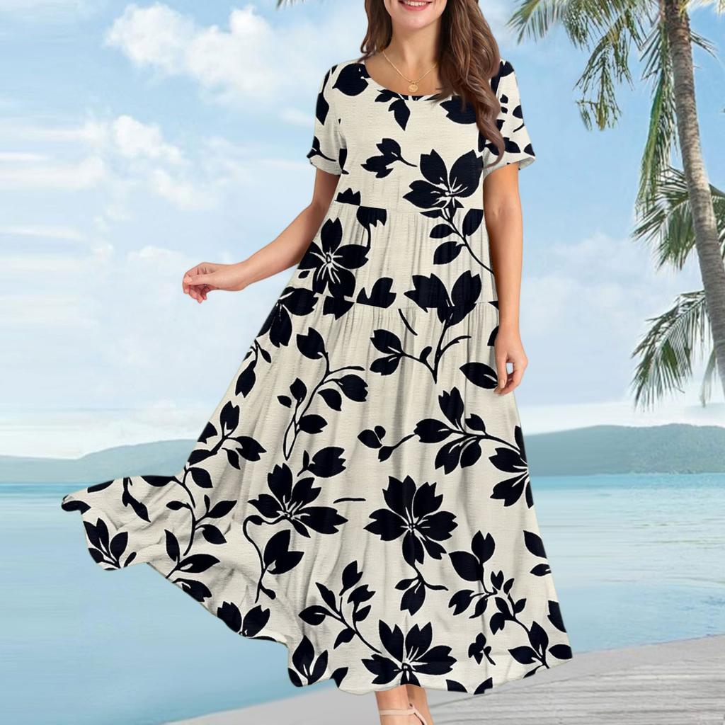 Damen Lässiges Lockeres Böhmisches Kleid mit Blumenmuster und Kurzen Ärmeln