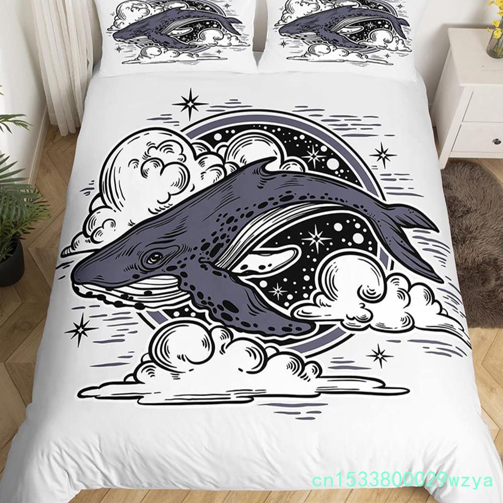 Katze Bettbezug Set Aquarell Wal Fischen Bettwäsche Set Ozean Meereswelle Bettdeckenbezug Marine Nautisch Themen Tagesdecke Bezug