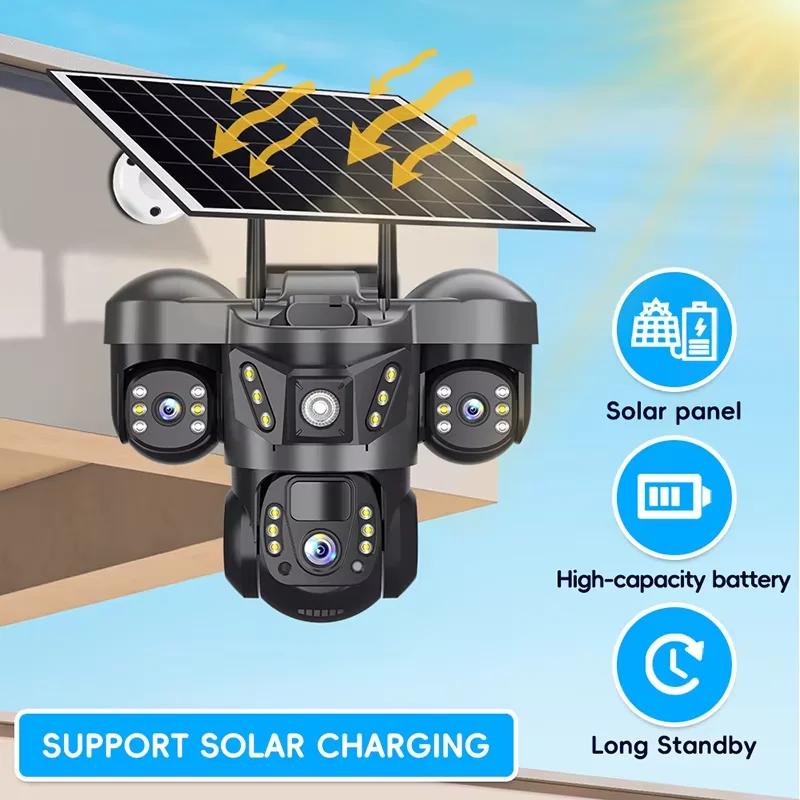 V380 Pro Wireless WiFi Solar Camera Three Lens Three Screen Human Detection 4G Sim Card Solar CCTV IP Camera