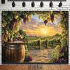 One 2D Flat Background of a Vineyard Scene with a Sunset Theme, Featuring Wine Barrels and the Glow of the Setting Sun.
