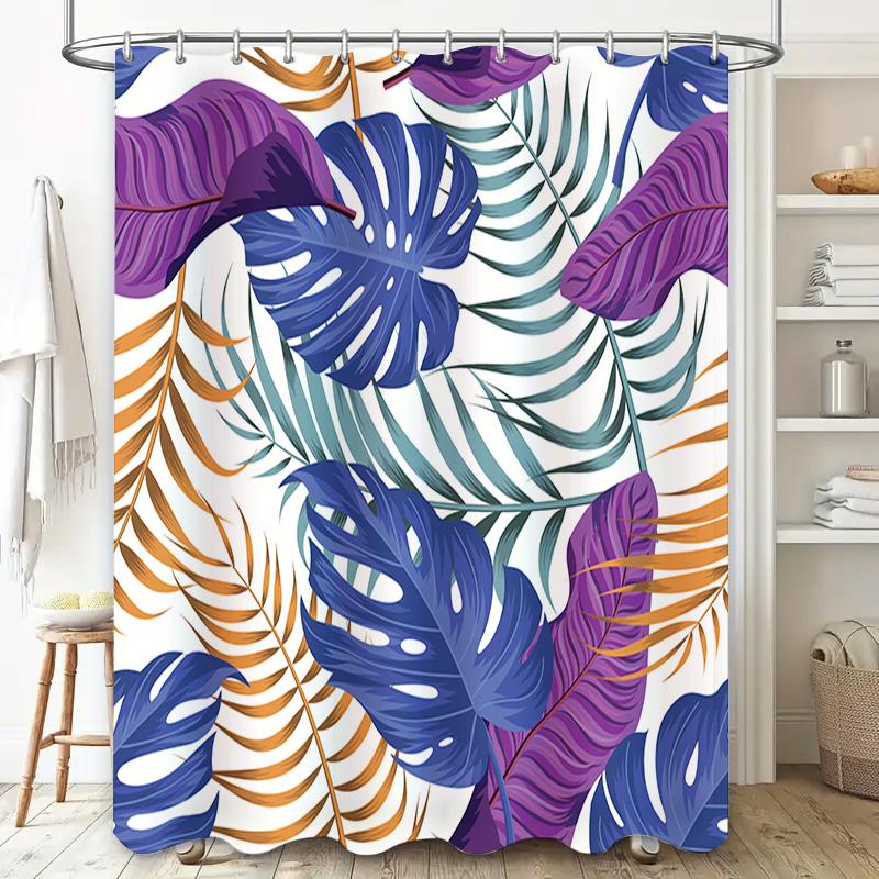 Colorful Palm Leaf Shower Curtain For Bathroom Decor Water Resistant Fabric With Hooks Set, Modern Floral Print Home Accessories