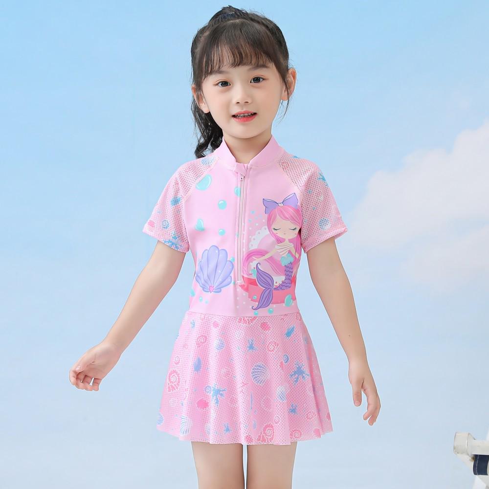 New Sporty Mesh Princess Skirted One-Piece Swimsuit for Girls
