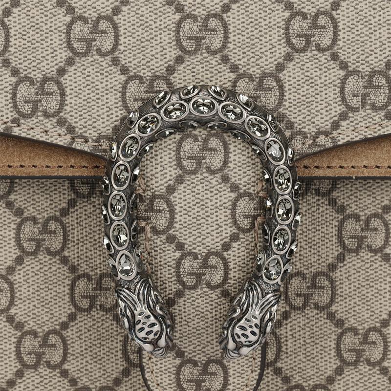 Gucci Dionysus Tiger Head Studded Double G Logo Aged Flower Pattern Canvas And Leather Patchwork Clamshell Bag