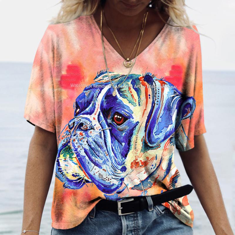 Summer New Women‘s T-shirt Animal Harajuku 3d Print Fashion V-neck Short Sleeve Quality Oversized T-shirt Females Tops Tees