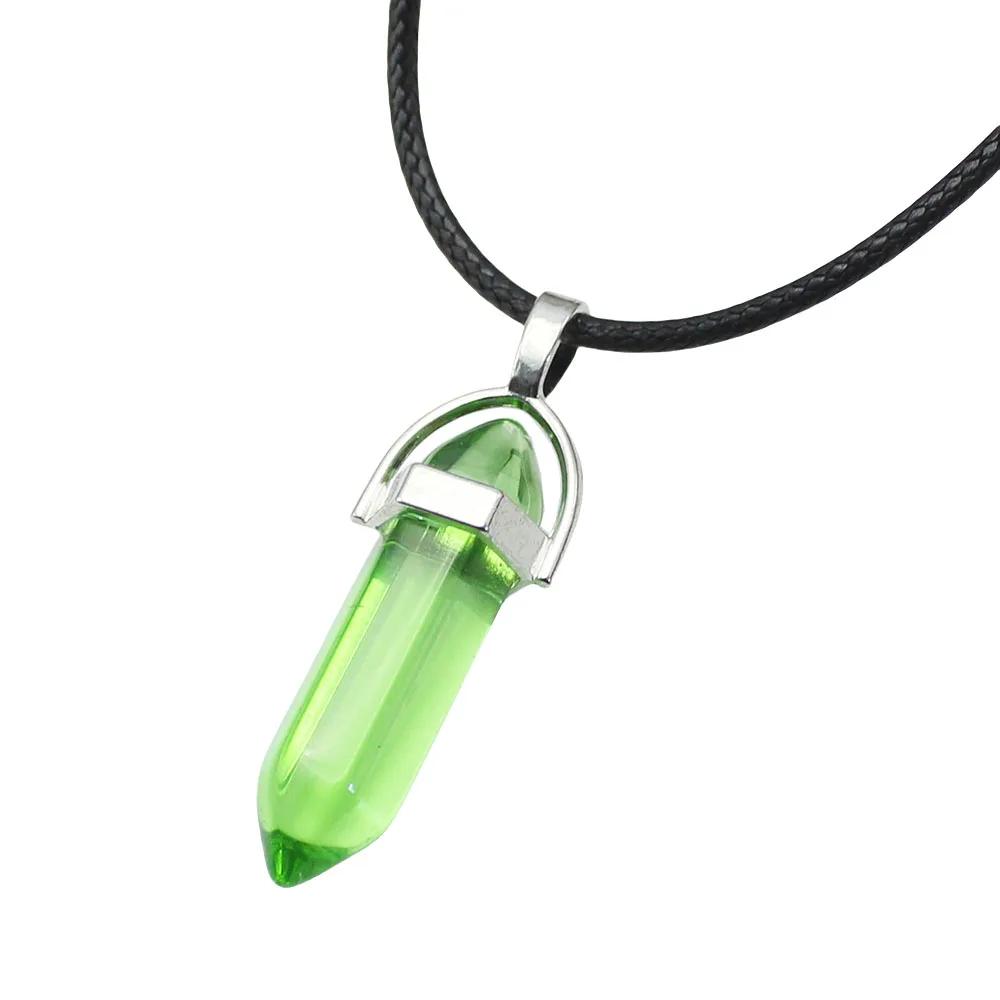 Natural Stone Pendant Necklace Women PU Leather Hexagonal Column Pointed Reiki Chakra Lapis Chunky Jewelry