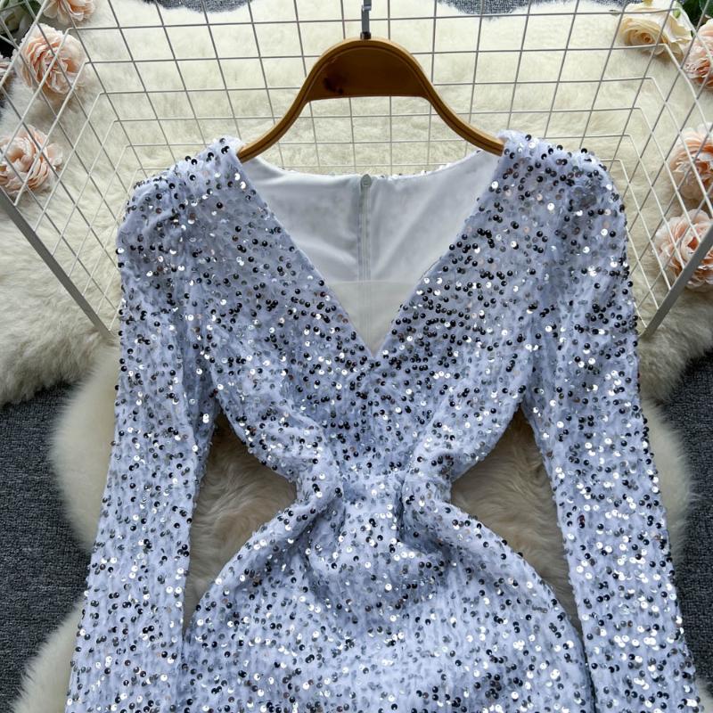 Winter Chic Sequin New One Piece Dress V-neck Long Sleeve Sexy Club Dresses Female Korean Fashion Vintage Evening Party Dress 2024