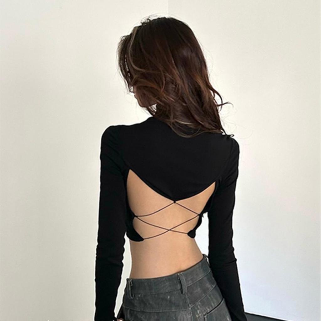 2025 Lace-Up Backless Slimming Long Sleeve Women's T-Shirt - Figure Flattering Autumn/Winter Design