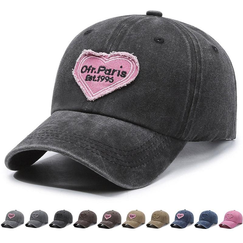 Peaked Cap Men's Sun Hat Retro Spring and Summer Versatile Washed Embroidery Baseball Cap Women's Pink Soft Top Trendy Love New