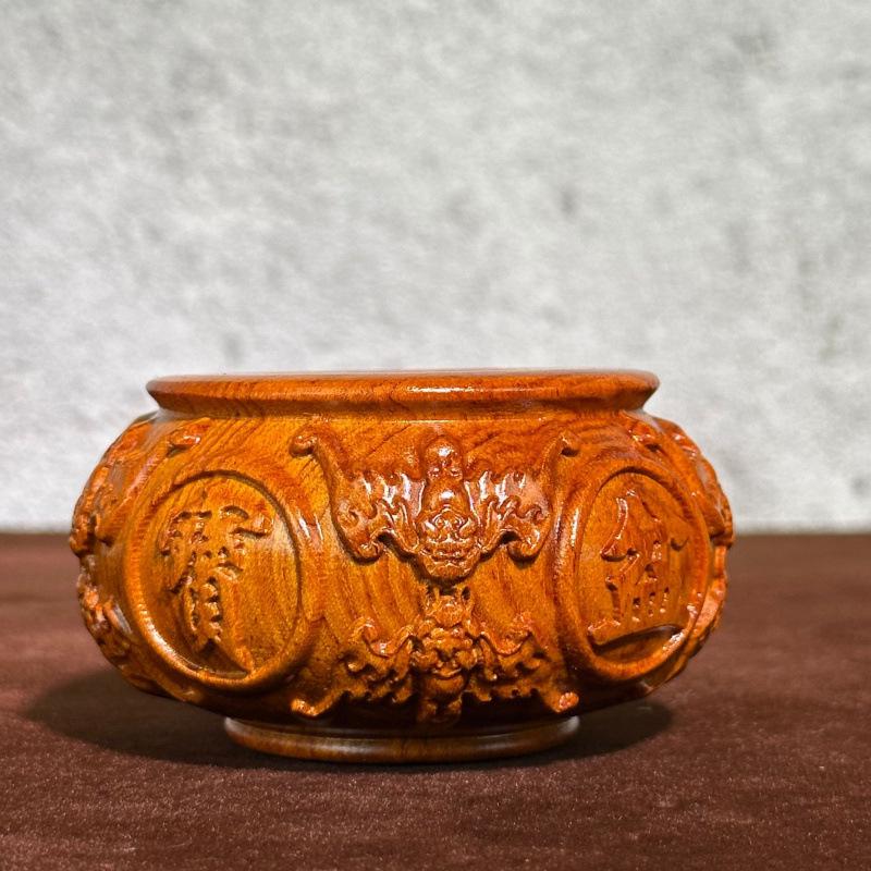 Ebony Wood Carved Treasure Basin Ornament: Handcrafted Decor for Home, Office, or Shop Opening Gift. Treasure Basin, Diameter 8cm