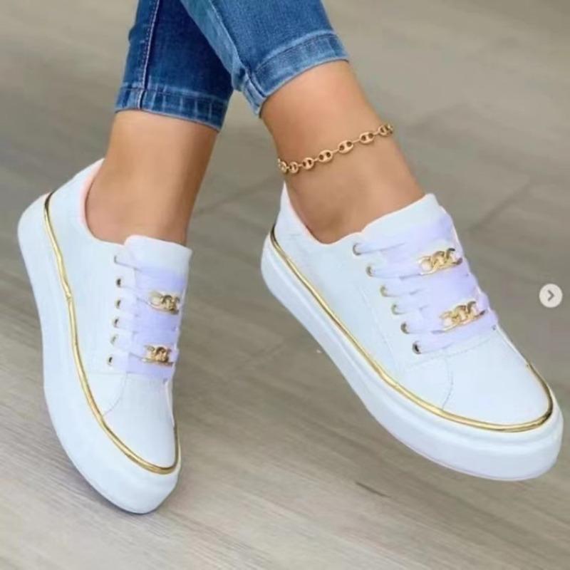 Plus Size Women Sneakers 2024 Shoes Female Lace Up Women's Vulcanize Shoes Chain Round Toe Flat with Outdoor Ladies Casual Shoes